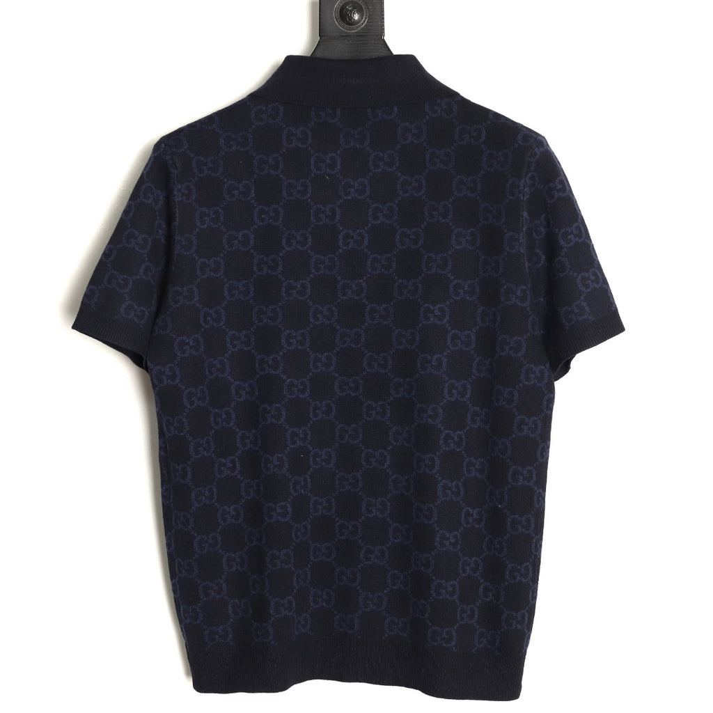 Gucci Tonal Allover-Pattern Short-Sleeve Knit Polo Shirt - Navy