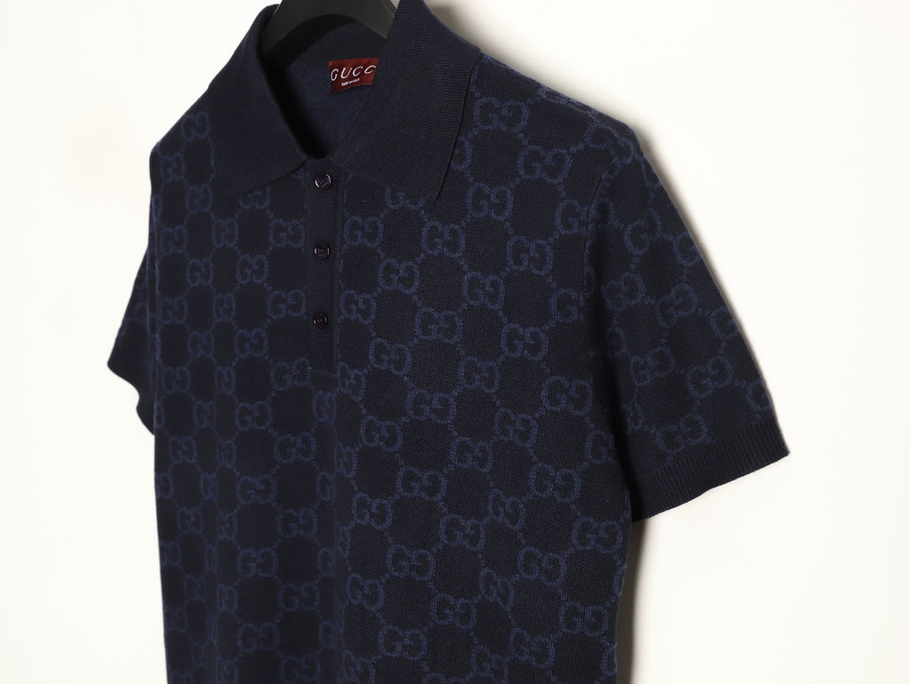Gucci Tonal Allover-Pattern Short-Sleeve Knit Polo Shirt - Navy