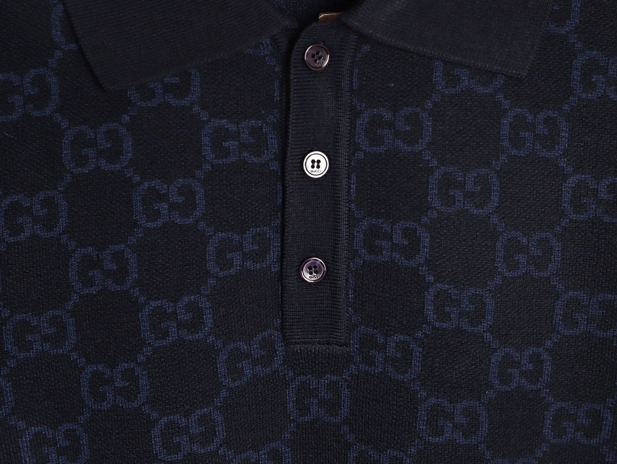Gucci Tonal Allover-Pattern Short-Sleeve Knit Polo Shirt - Navy