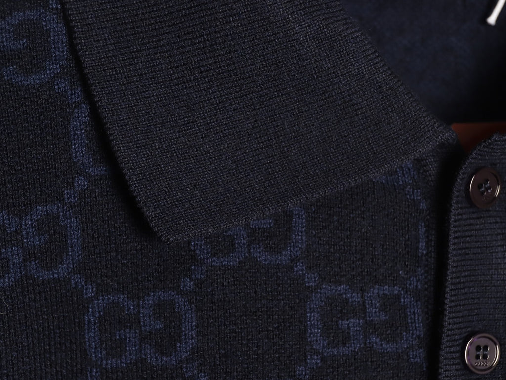 Gucci Tonal Allover-Pattern Short-Sleeve Knit Polo Shirt - Navy