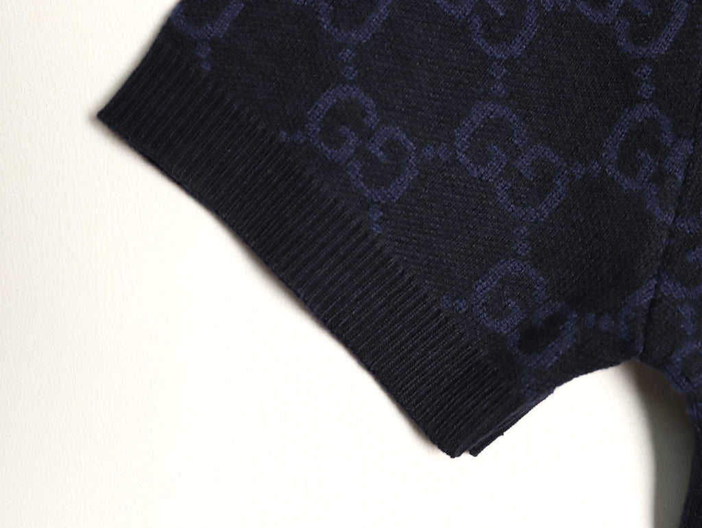 Gucci Tonal Allover-Pattern Short-Sleeve Knit Polo Shirt - Navy